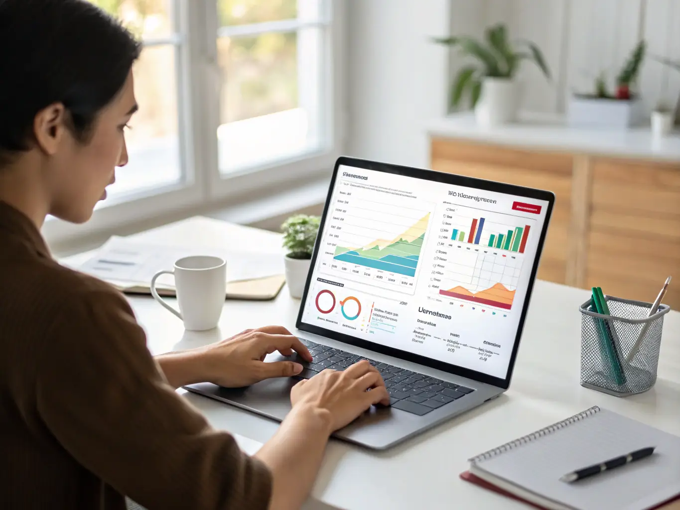 A digital illustration of a business owner reviewing a dashboard with PPC ad performance metrics, graphs, and highlighted conversion rates, representing effective pay-per-click campaign management for lead generation.