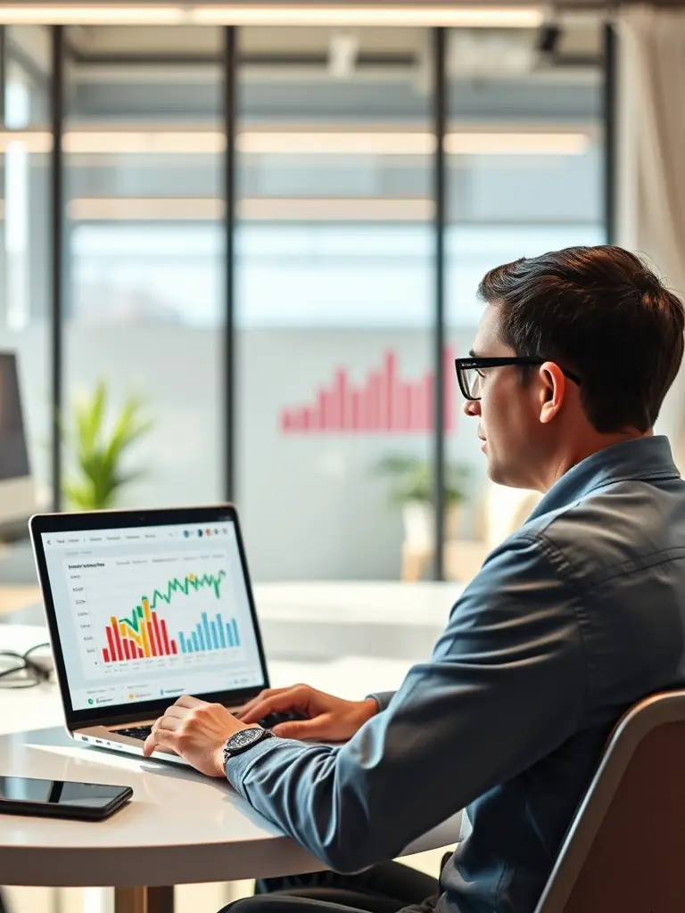 A professional marketer analyzing PPC campaign data on a laptop, with graphs and ad dashboards visible, representing targeted pay-per-click advertising for business growth.